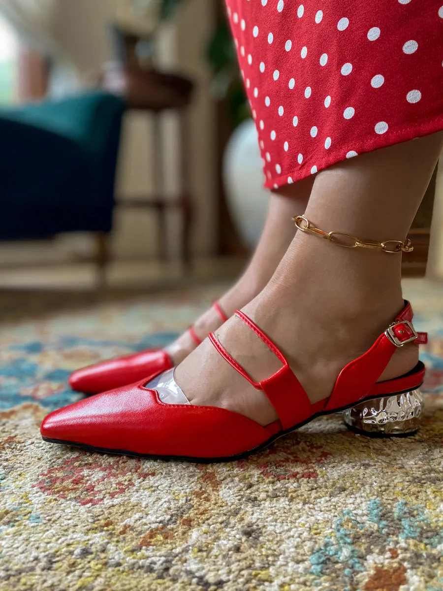 Sharp Toe Strap Detailed Leather Slingbacks - Red