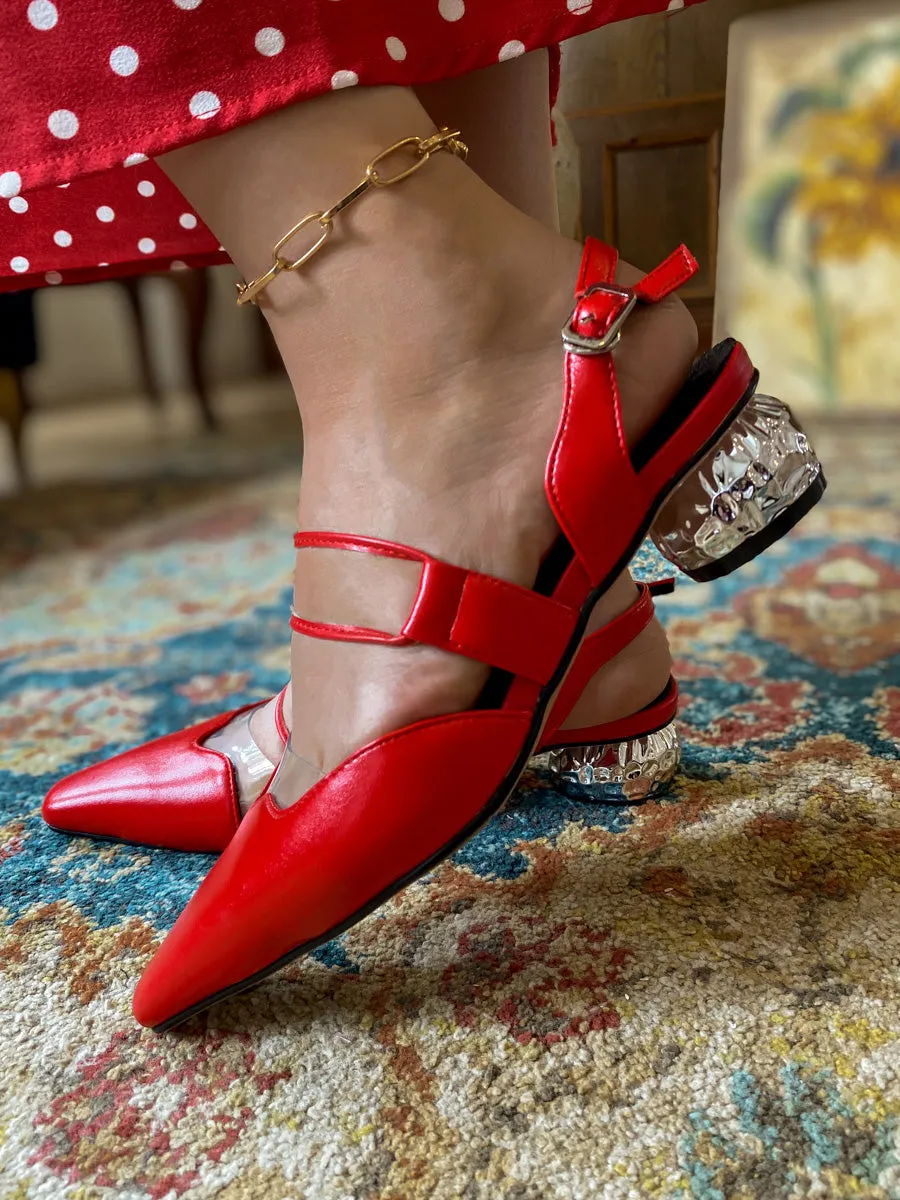 Sharp Toe Strap Detailed Leather Slingbacks - Red