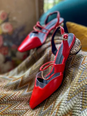 Sharp Toe Strap Detailed Leather Slingbacks - Red