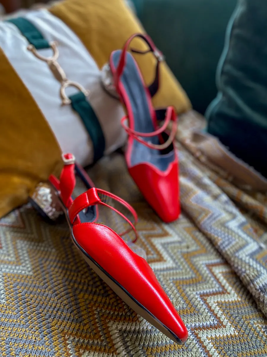 Sharp Toe Strap Detailed Leather Slingbacks - Red