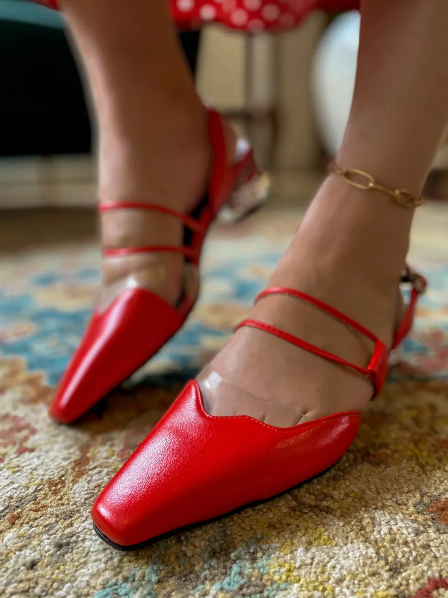 Sharp Toe Strap Detailed Leather Slingbacks - Red