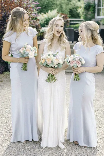 Sheath Round Neck Floor-Length Light Blue Bridesmaid Dress with Lace OHS013