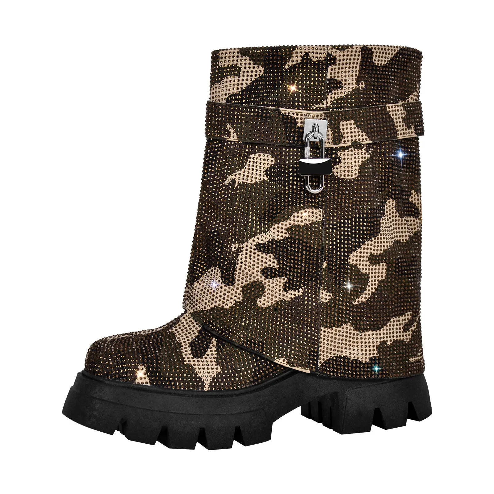 Silver Black Rhinestone Patchwork Mid-calf Fold Over Boots
