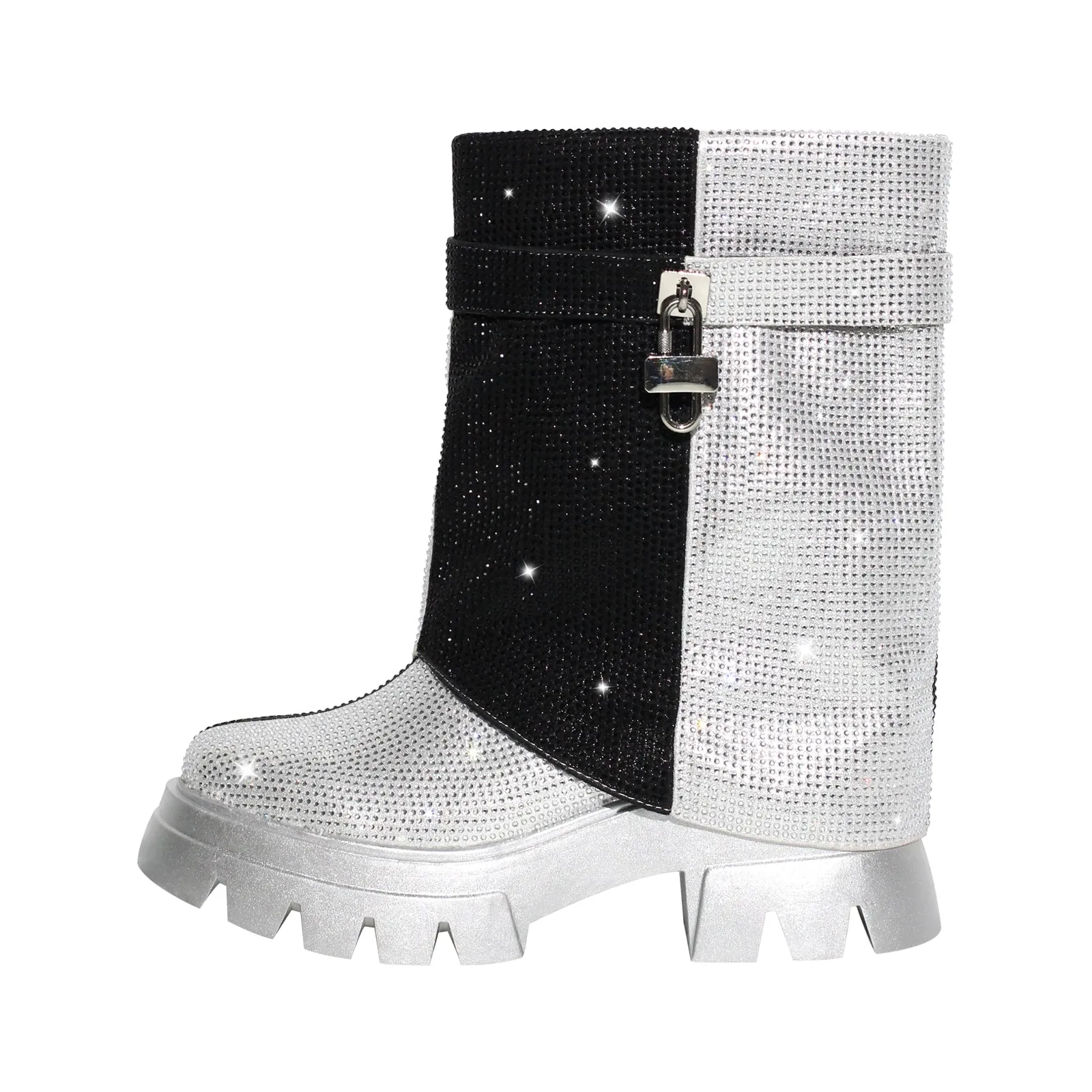 Silver Black Rhinestone Patchwork Mid-calf Fold Over Boots