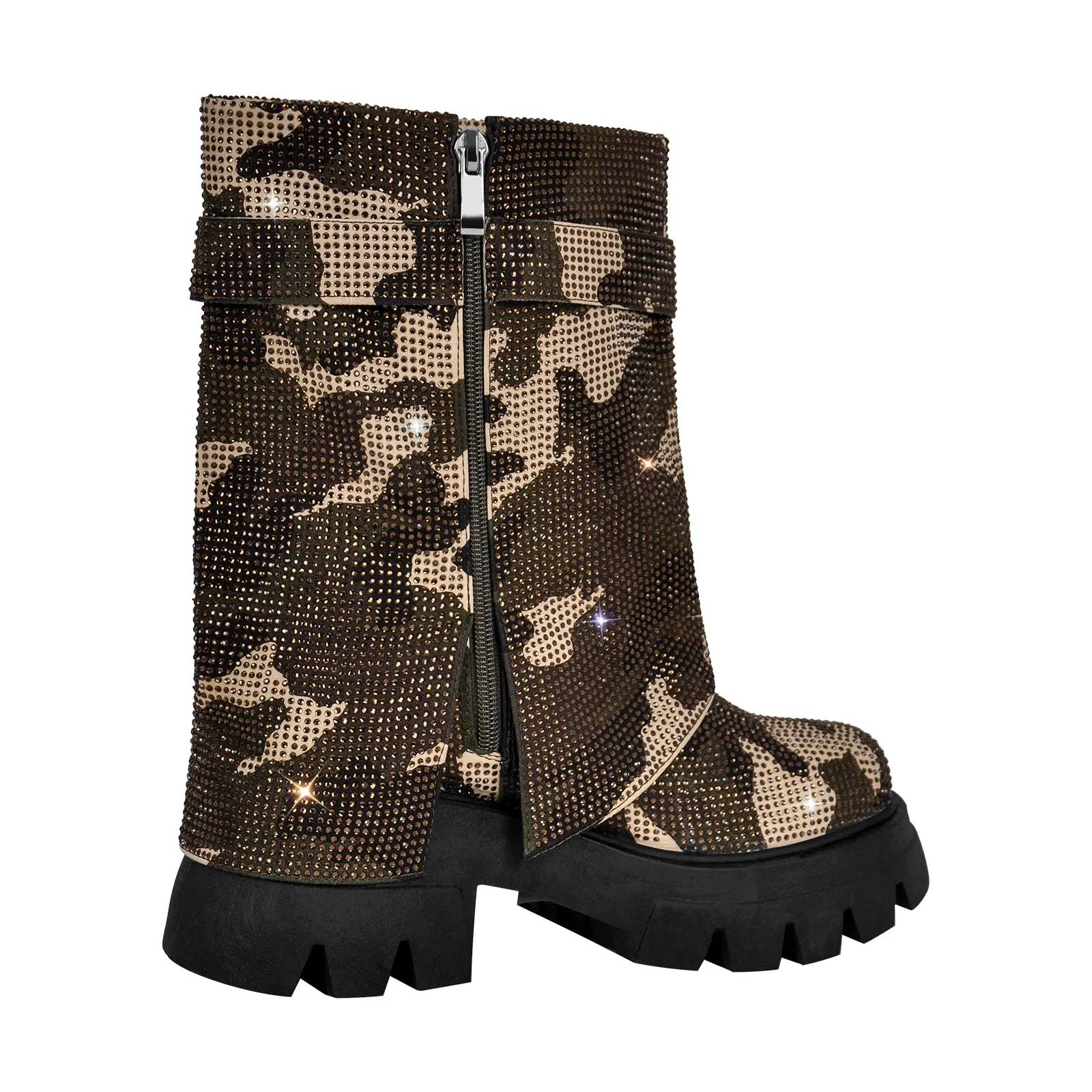 Silver Black Rhinestone Patchwork Mid-calf Fold Over Boots