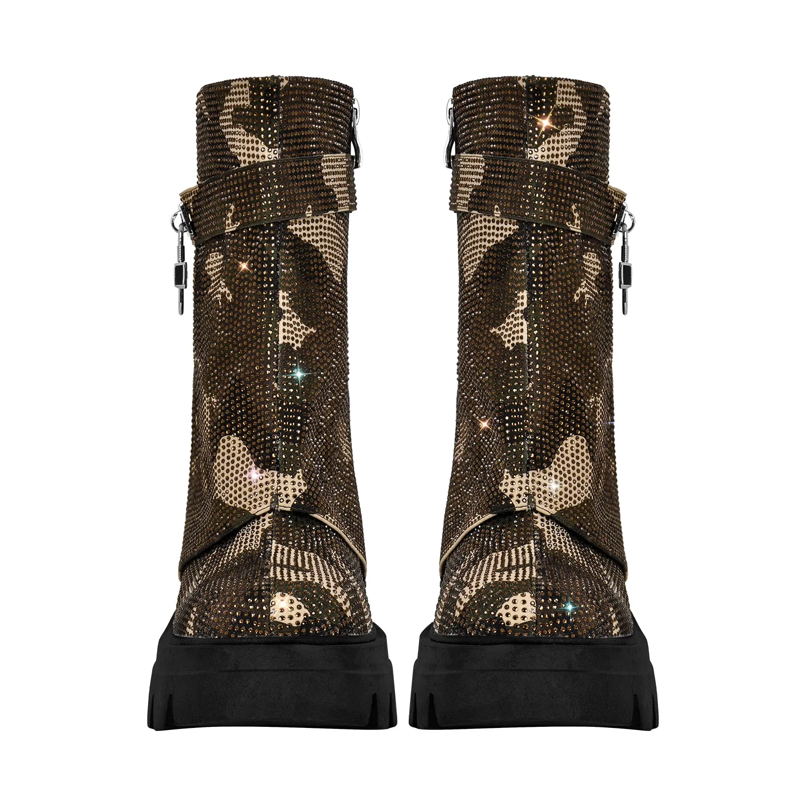 Silver Black Rhinestone Patchwork Mid-calf Fold Over Boots