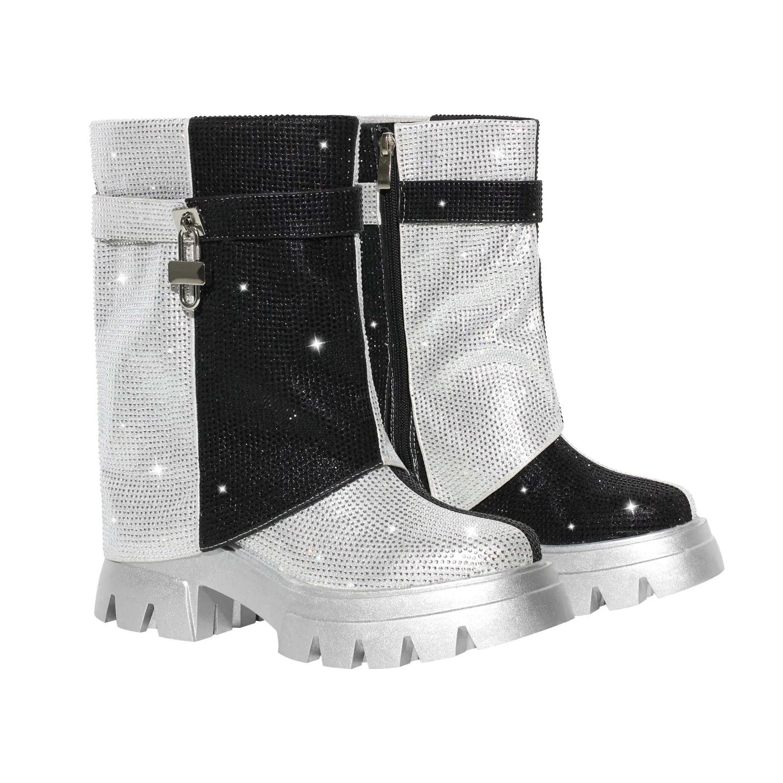 Silver Black Rhinestone Patchwork Mid-calf Fold Over Boots