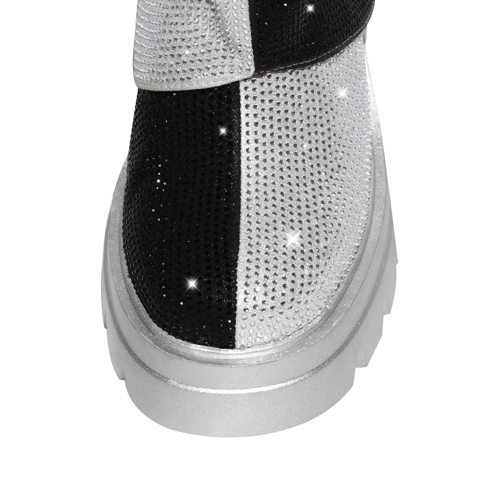 Silver Black Rhinestone Patchwork Mid-calf Fold Over Boots
