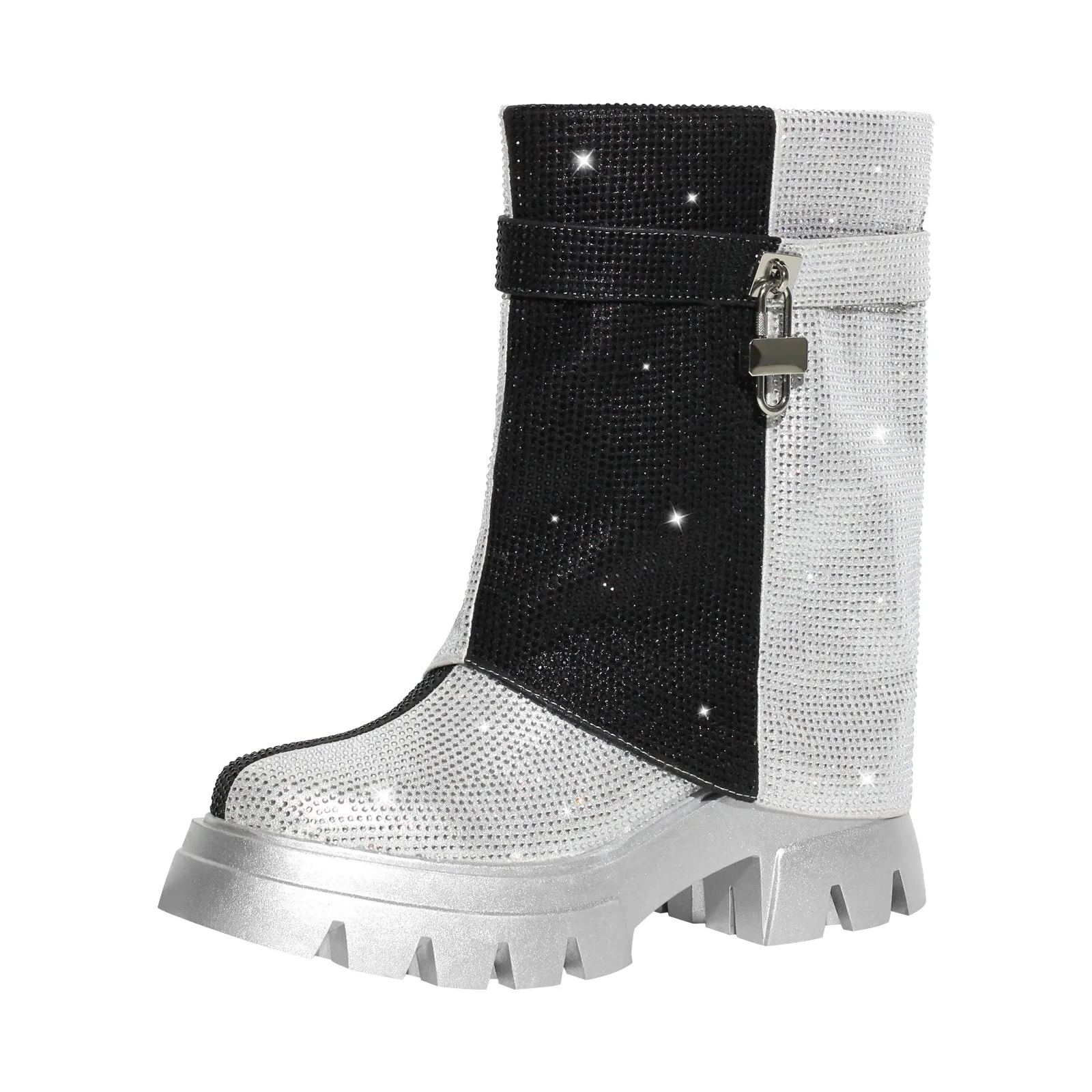 Silver Black Rhinestone Patchwork Mid-calf Fold Over Boots