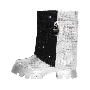 Silver Black Rhinestone Patchwork Mid-calf Fold Over Boots