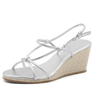 Silver Strappy Low Platform Wedge