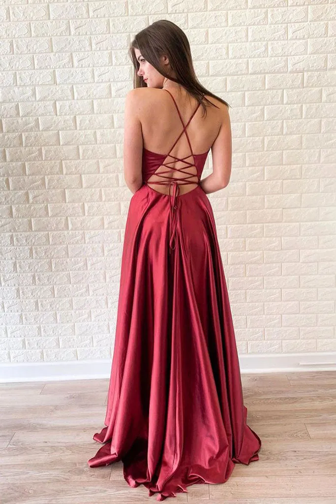 Simple A Line Red Satin V neck Side Slit Criss-Cross Straps Long Prom Dress Evening Dress OHC397