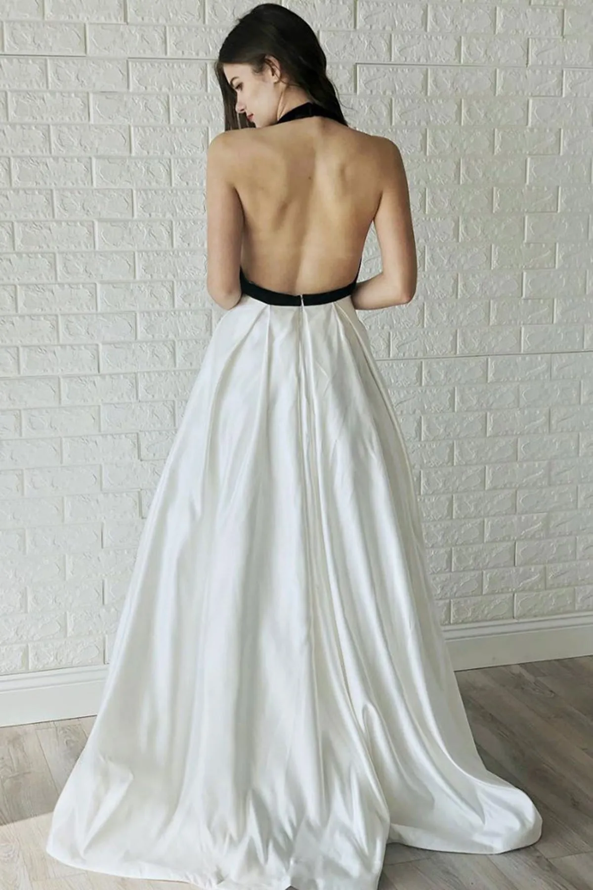 Simple White and Black Satin Sleeveless Backless Long Satin Prom Dress White Evening Dress OHC430