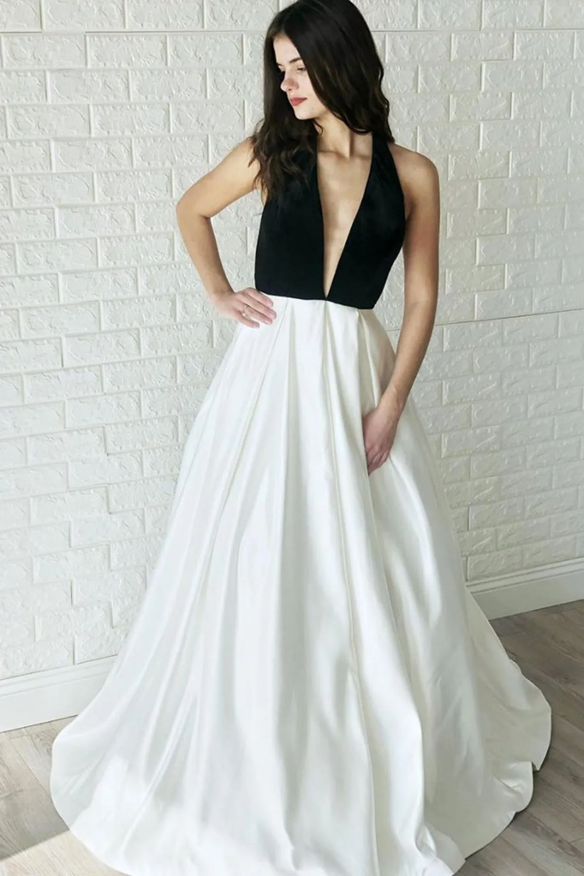 Simple White and Black Satin Sleeveless Backless Long Satin Prom Dress White Evening Dress OHC430