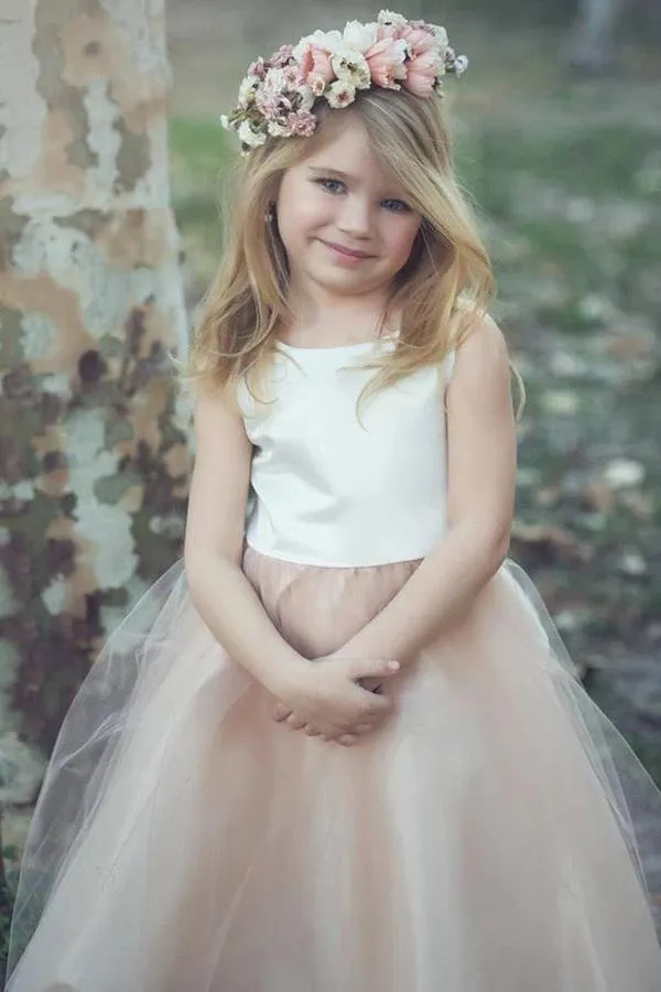 Sleeveless A Line Satin Bowknot Flower Girl Dresses with Round Neck OHR004