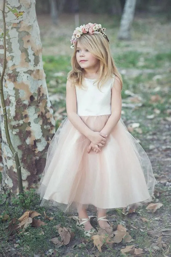 Sleeveless A Line Satin Bowknot Flower Girl Dresses with Round Neck OHR004