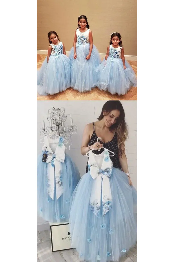Sleeveless Backless Tulle Floral Satin Bowknot Ball Gown Flower Girl Dresses OHR035