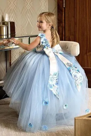 Sleeveless Backless Tulle Floral Satin Bowknot Ball Gown Flower Girl Dresses OHR035