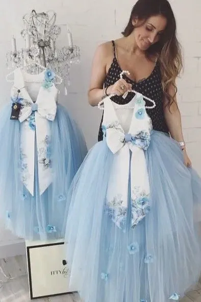 Sleeveless Backless Tulle Floral Satin Bowknot Ball Gown Flower Girl Dresses OHR035