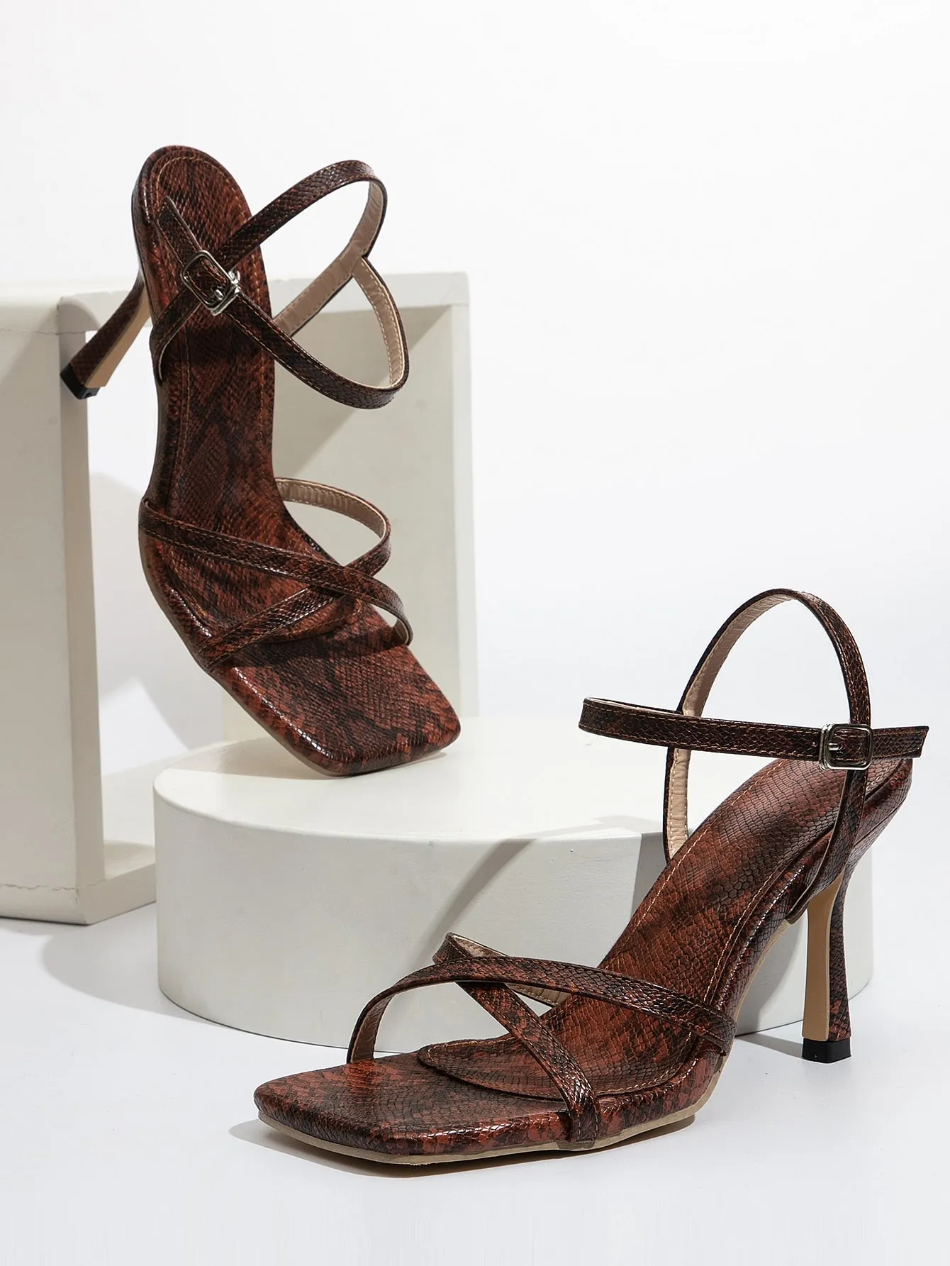Snakeskin Thin Strap Stiletto Heeled Sandals