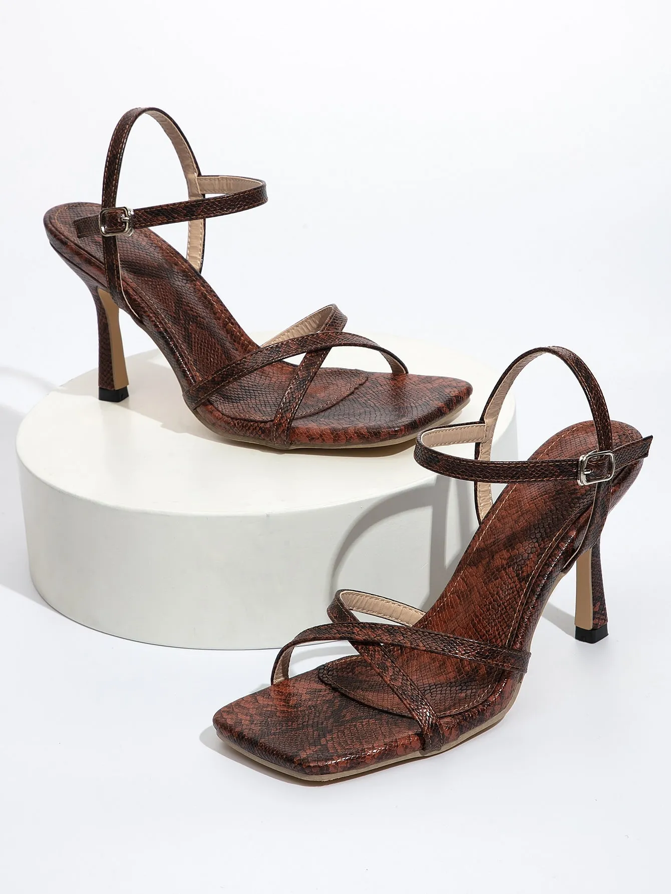 Snakeskin Thin Strap Stiletto Heeled Sandals