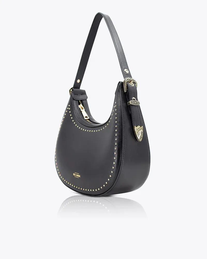Sol Sana Crescent Black Leather & Hardware Shoulder Bag
