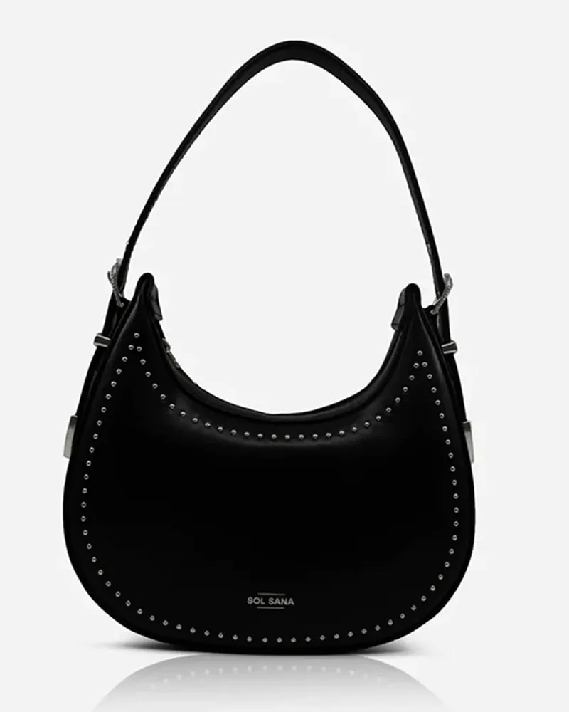 Sol Sana Crescent Black Leather & Hardware Shoulder Bag