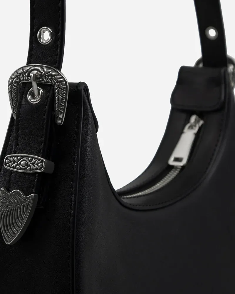 Sol Sana Crescent Black Leather & Hardware Shoulder Bag