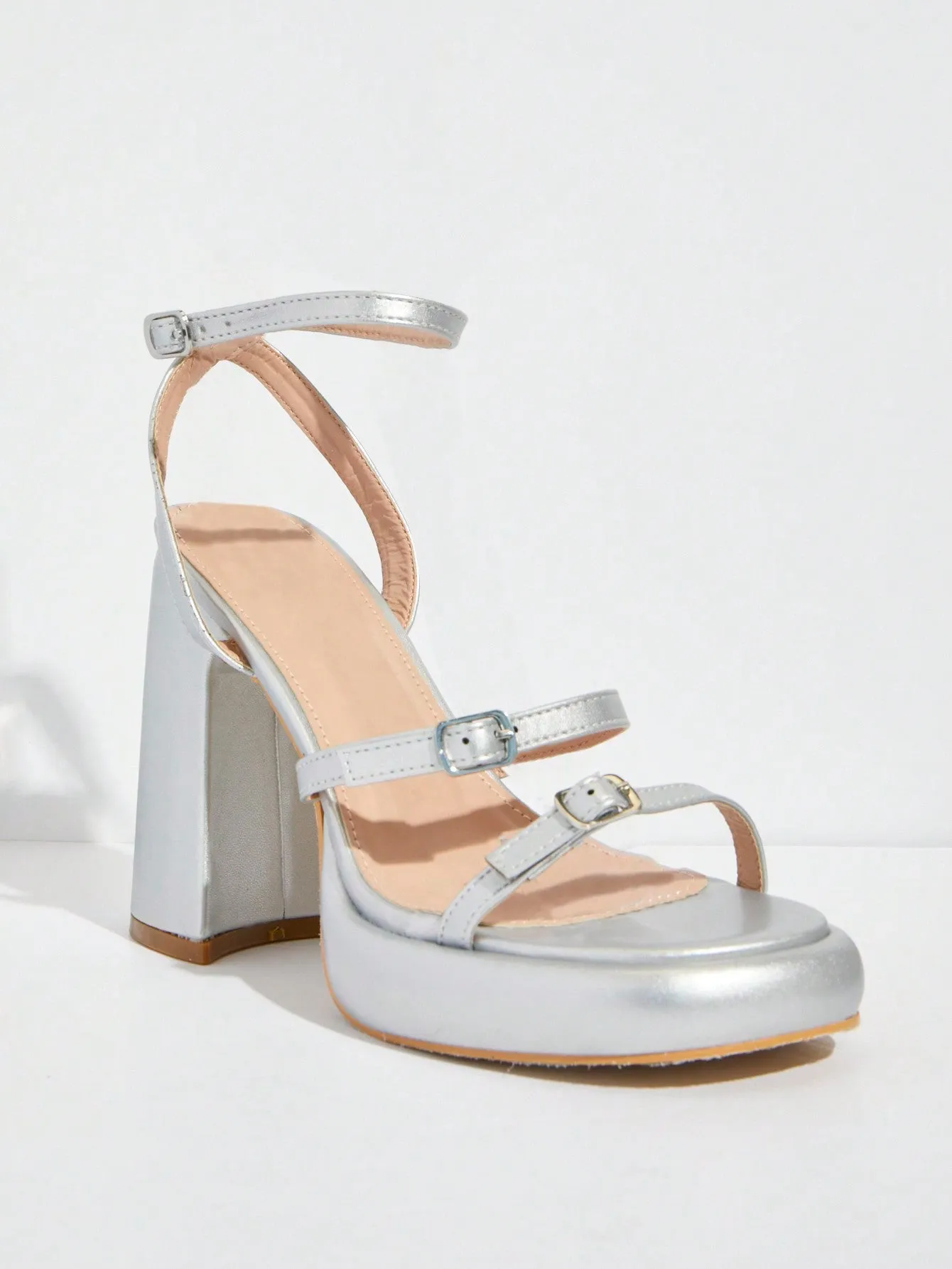 Solid Color Buckle Design Chunky High-Heeled Sandals