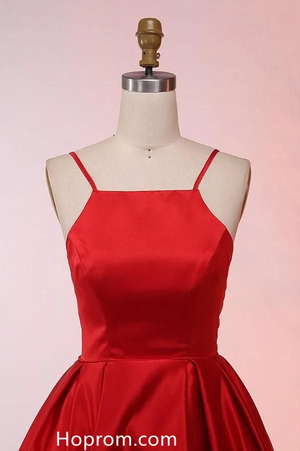 Spaghetti Straps Sweep Train Red Satin Prom Dresses