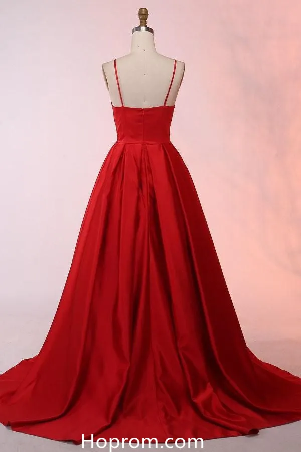 Spaghetti Straps Sweep Train Red Satin Prom Dresses