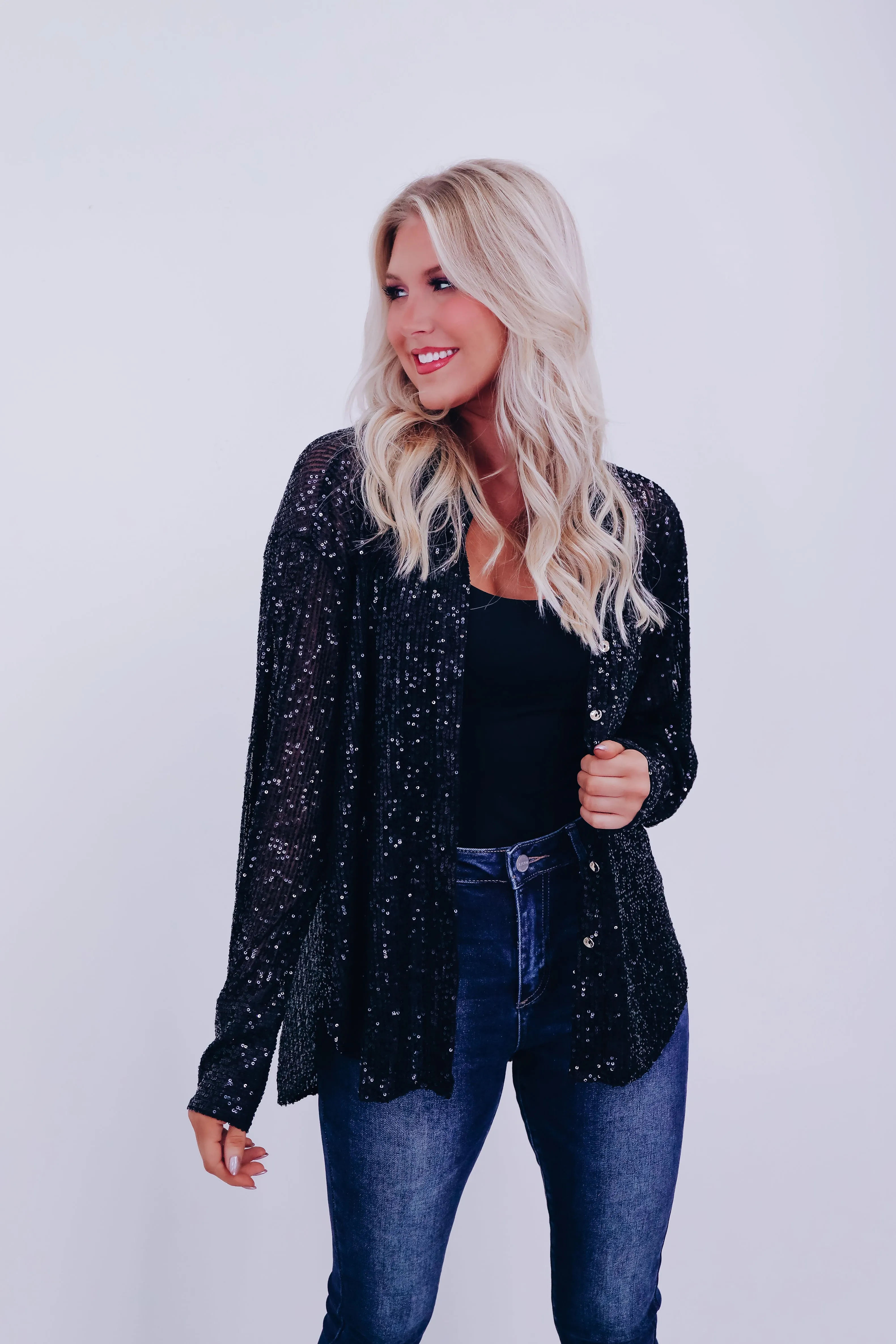 Sparkle On Sheer Sequin Mesh Top - Black