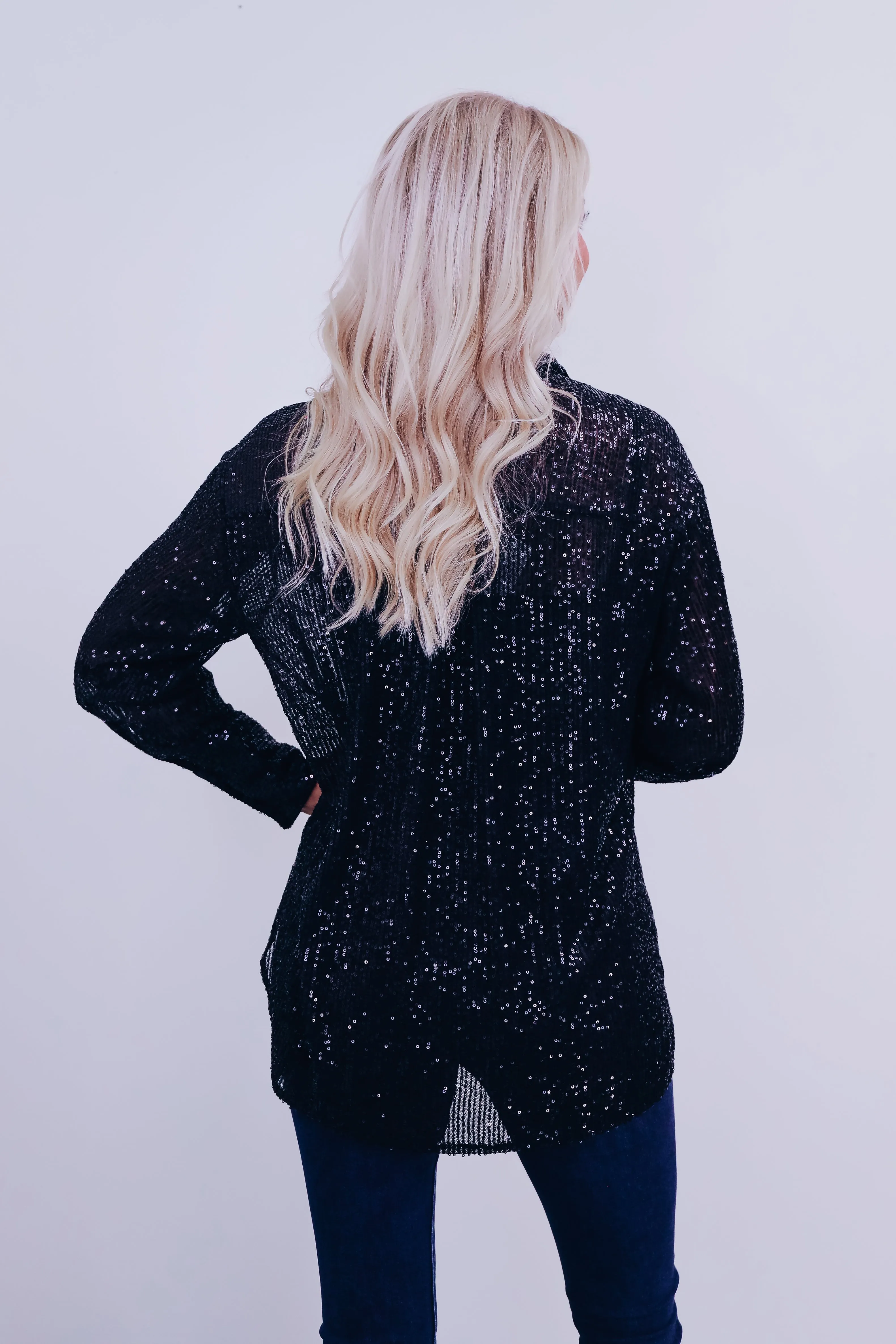 Sparkle On Sheer Sequin Mesh Top - Black