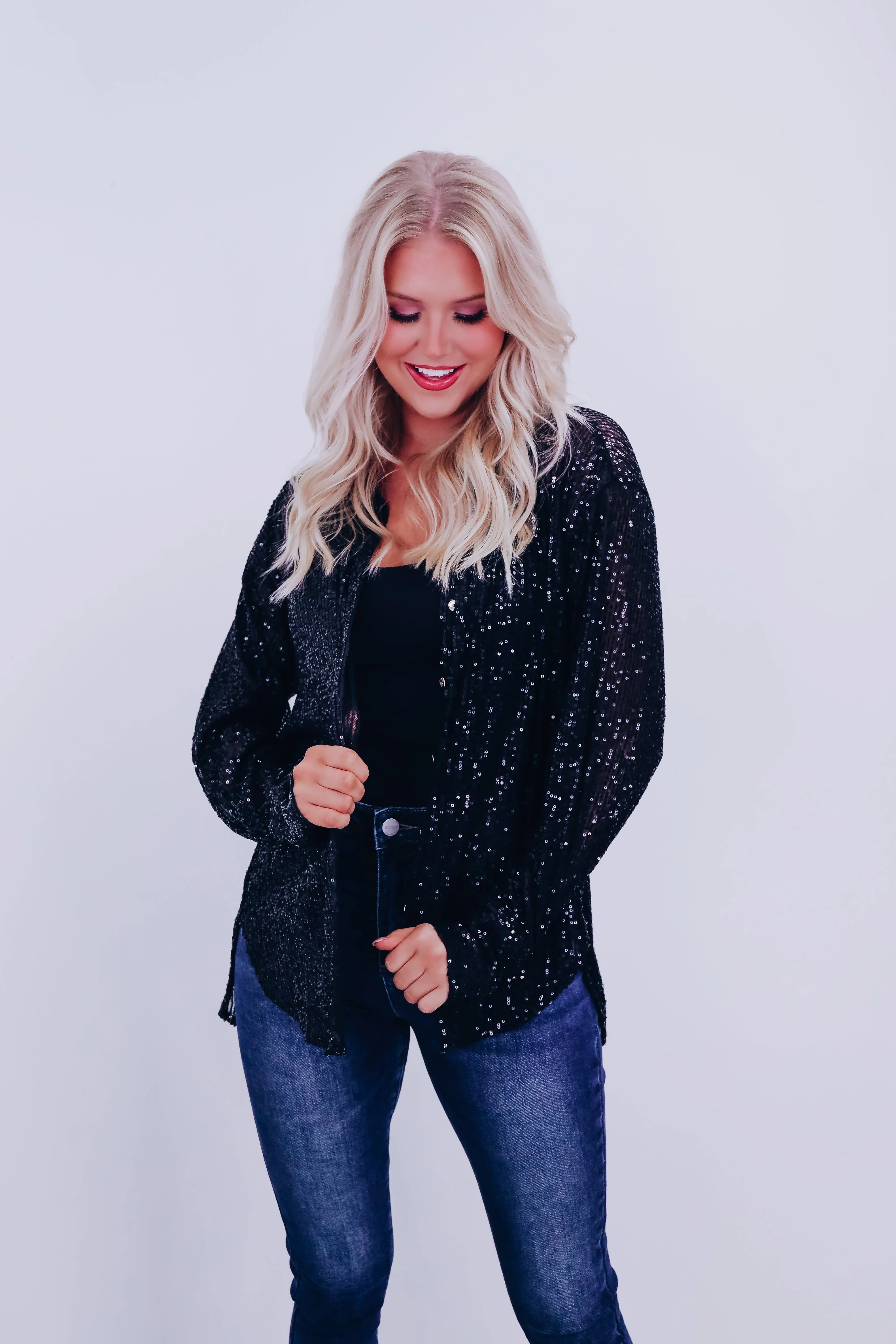 Sparkle On Sheer Sequin Mesh Top - Black