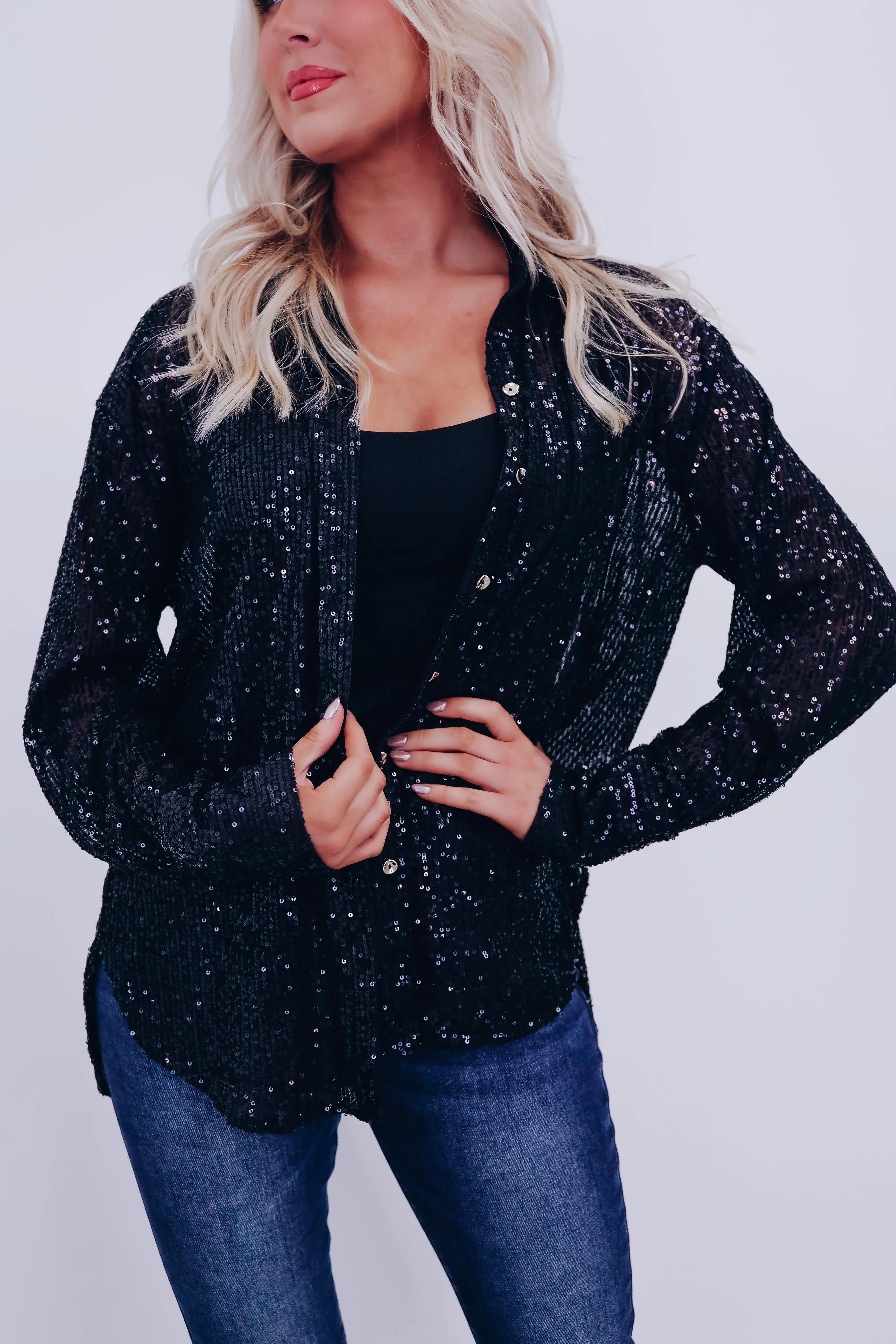 Sparkle On Sheer Sequin Mesh Top - Black