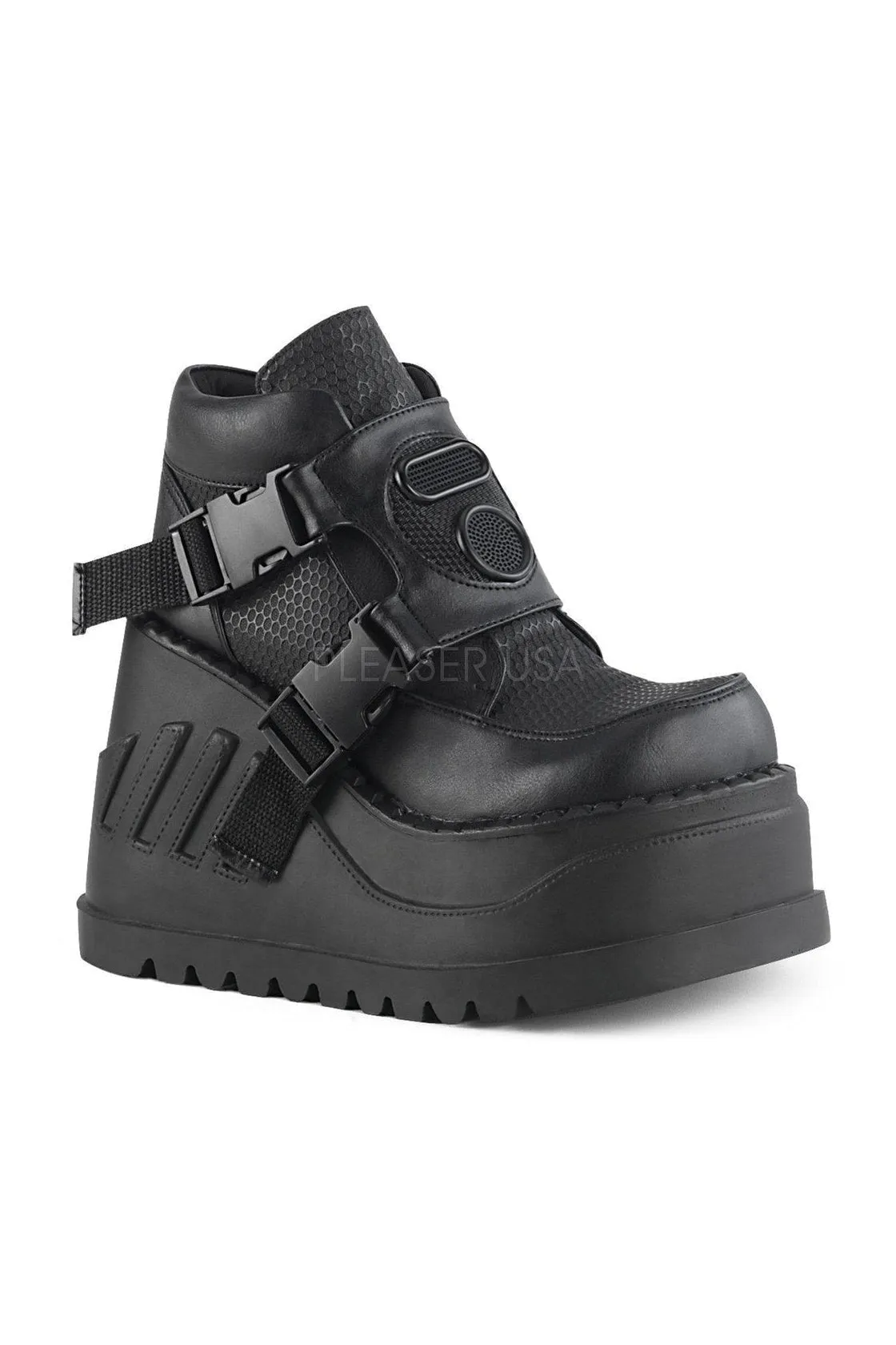 STOMP-15 Demonia Wedge | Black Faux Leather