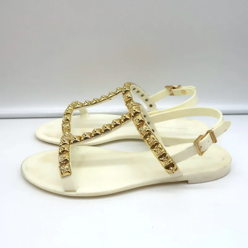 Stuart Weitzman Jelrose Studded Jelly Sandals Cream/Gold Size 7 Flat Slingback