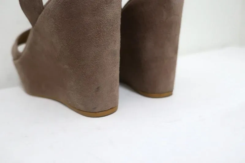 Stuart Weitzman Real Deal Platform Wedge Sandals Taupe Suede Size 6.5