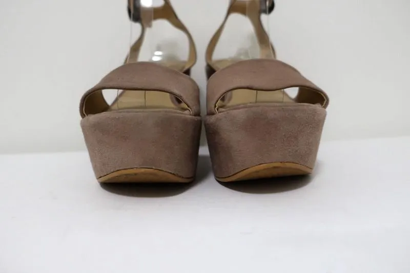 Stuart Weitzman Real Deal Platform Wedge Sandals Taupe Suede Size 6.5