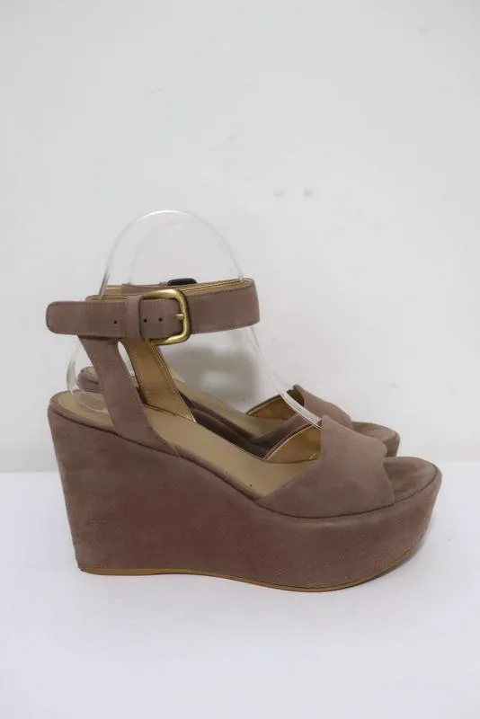 Stuart Weitzman Real Deal Platform Wedge Sandals Taupe Suede Size 6.5