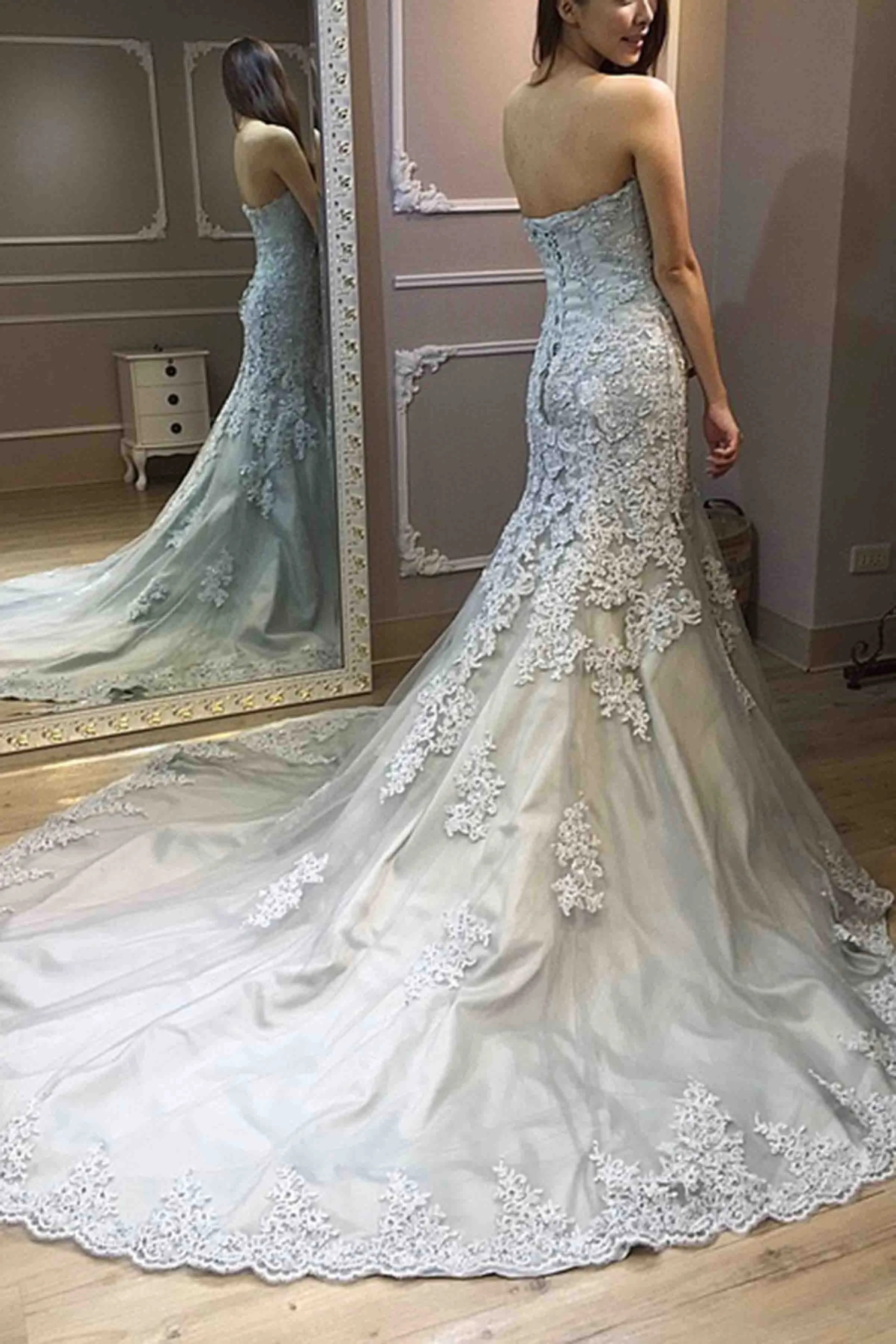 Stunning Mermaid Grey Tulle Lace Satin Sweetheart Floor Length Prom Dresses OHC499