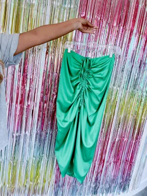 Sultry Satin Ruched Slit Midi Skirt - Green