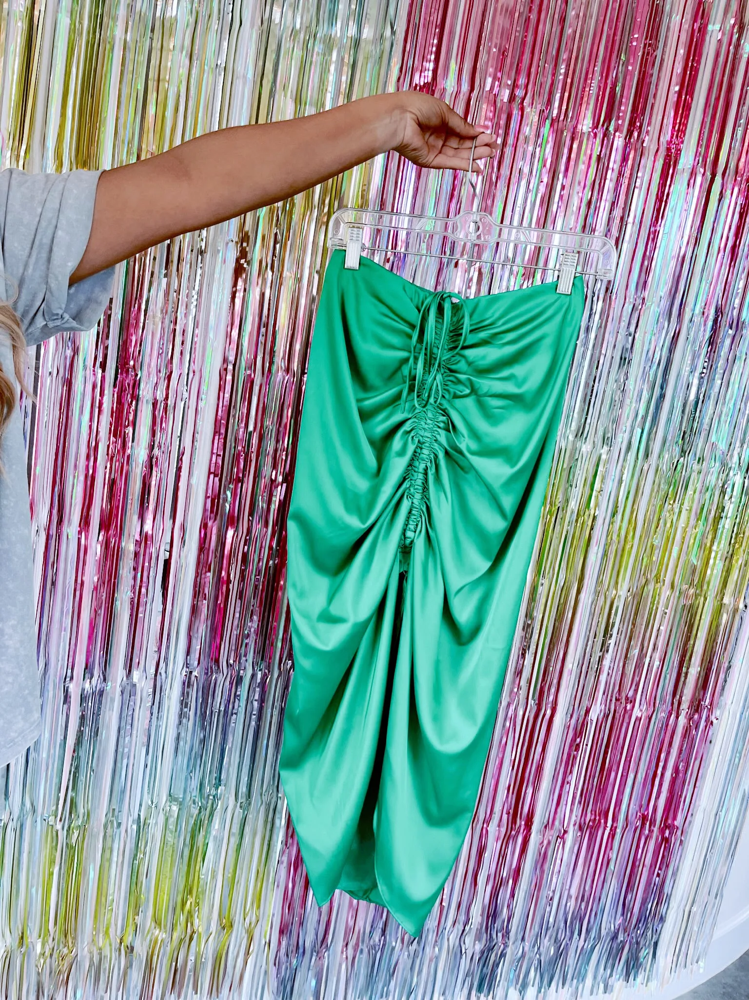 Sultry Satin Ruched Slit Midi Skirt - Green