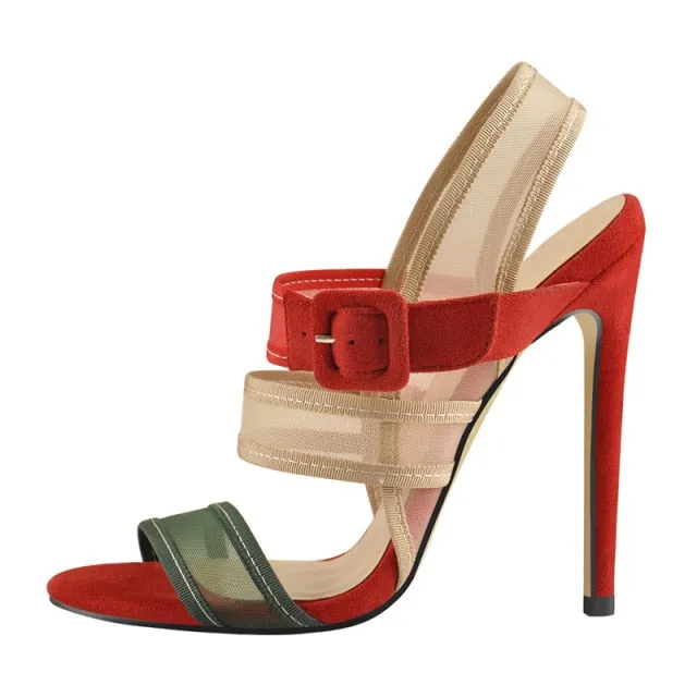 Summer Stiletto High Heels Sandals Mesh Ankle Buckle Black Red