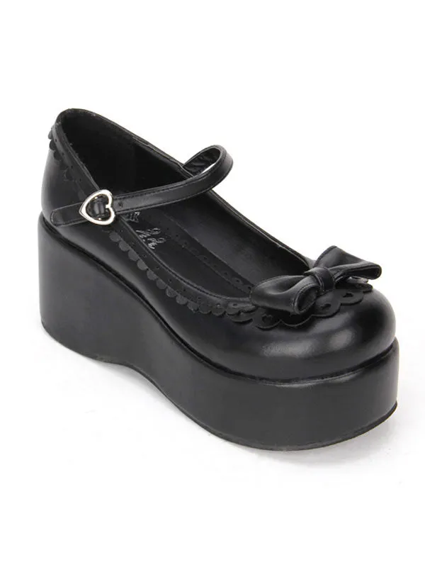 Sweet Lolita Shoes Black Platform Wedge Ankle Strap Lolita Shoes With Bow