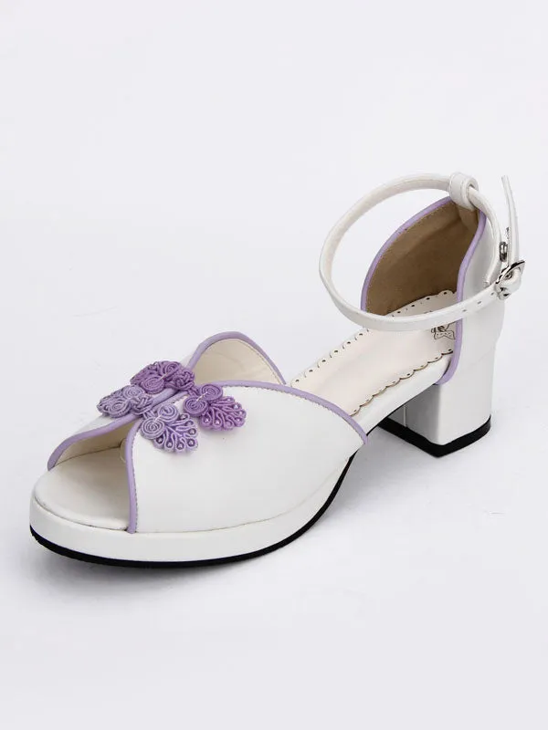 Sweet Lolita Shoes Chinese Style White Peep Toe Ankle Strap Heeled Lolita Sandals