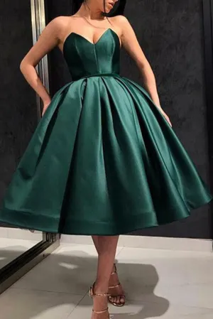 Sweetheart  Sleeveless Satin Prom Dresses Tea Length Party Dress OHM082