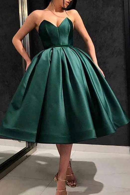 Sweetheart  Sleeveless Satin Prom Dresses Tea Length Party Dress OHM082