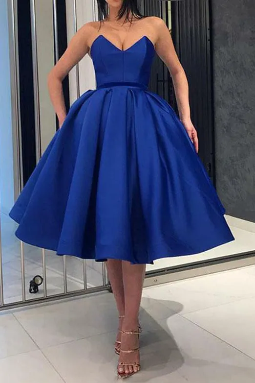 Sweetheart  Sleeveless Satin Prom Dresses Tea Length Party Dress OHM082