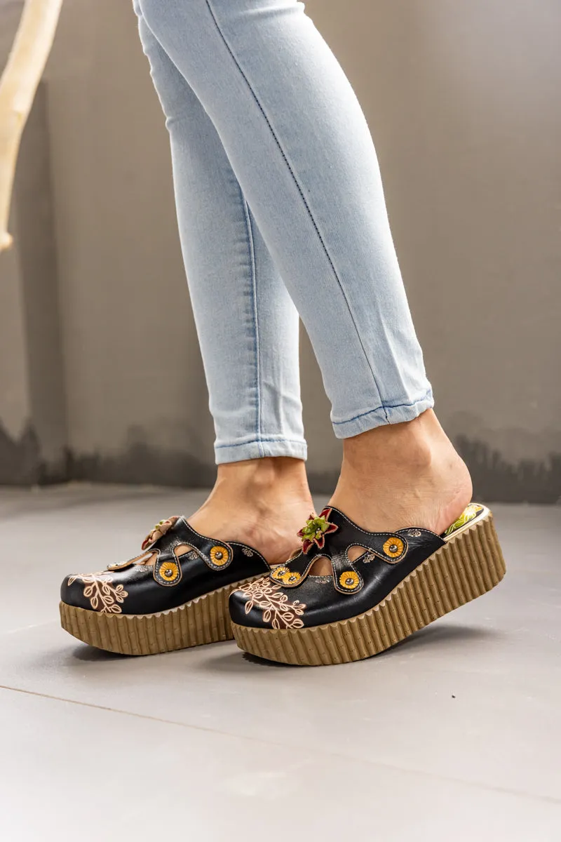 Timeless Beauty Floral Embossed Leather Platform Clog